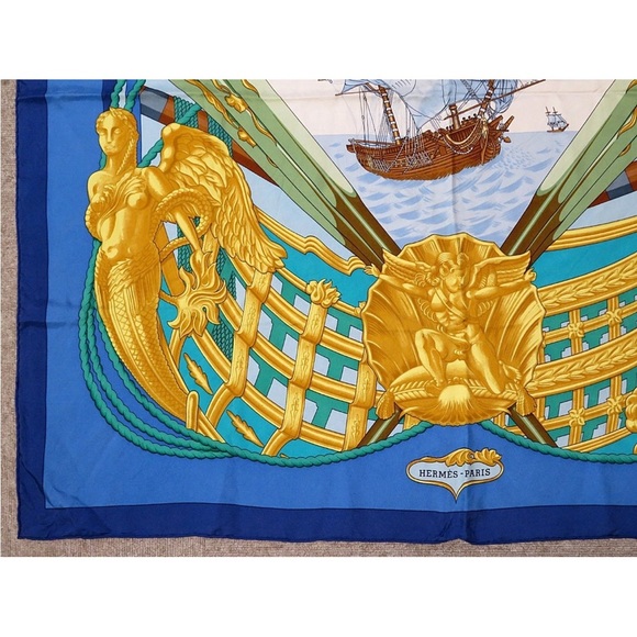 Hermès Blue and Gold Silk Scarf - Picture 5 of 12